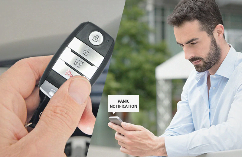 Panic notification                                                                                    In case of panic, pressing the panic button on the key FOB an SMS will be sent to the pre-saved emergency contact.  Note: Key FOB should be within operational range of the car   *Only Available in Seltos